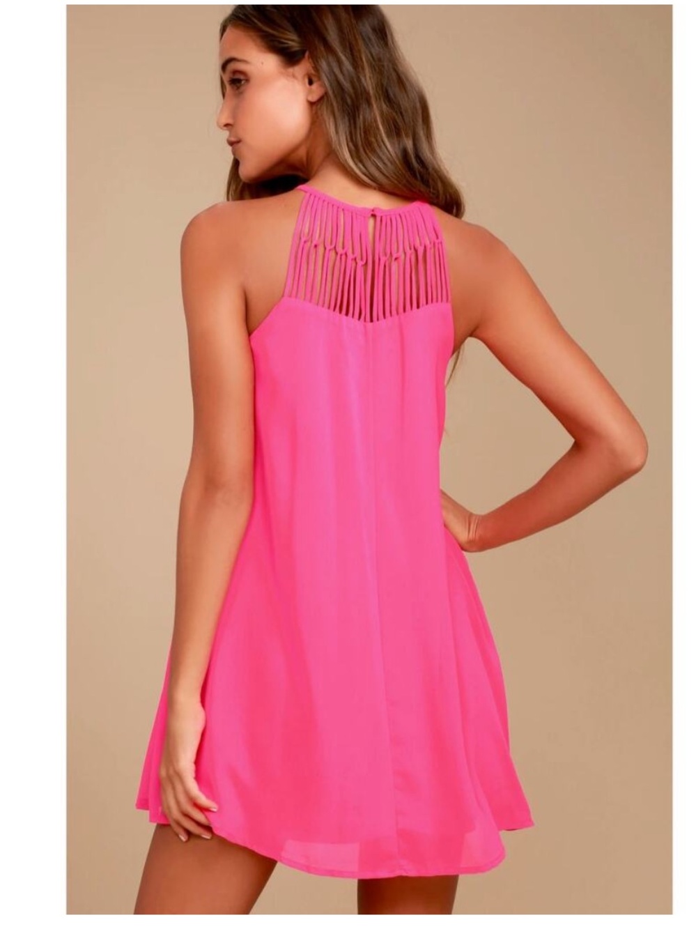 Lulus Tell Me Fuchsia Swing Dress Caged Neckline - Picture 2 of 9